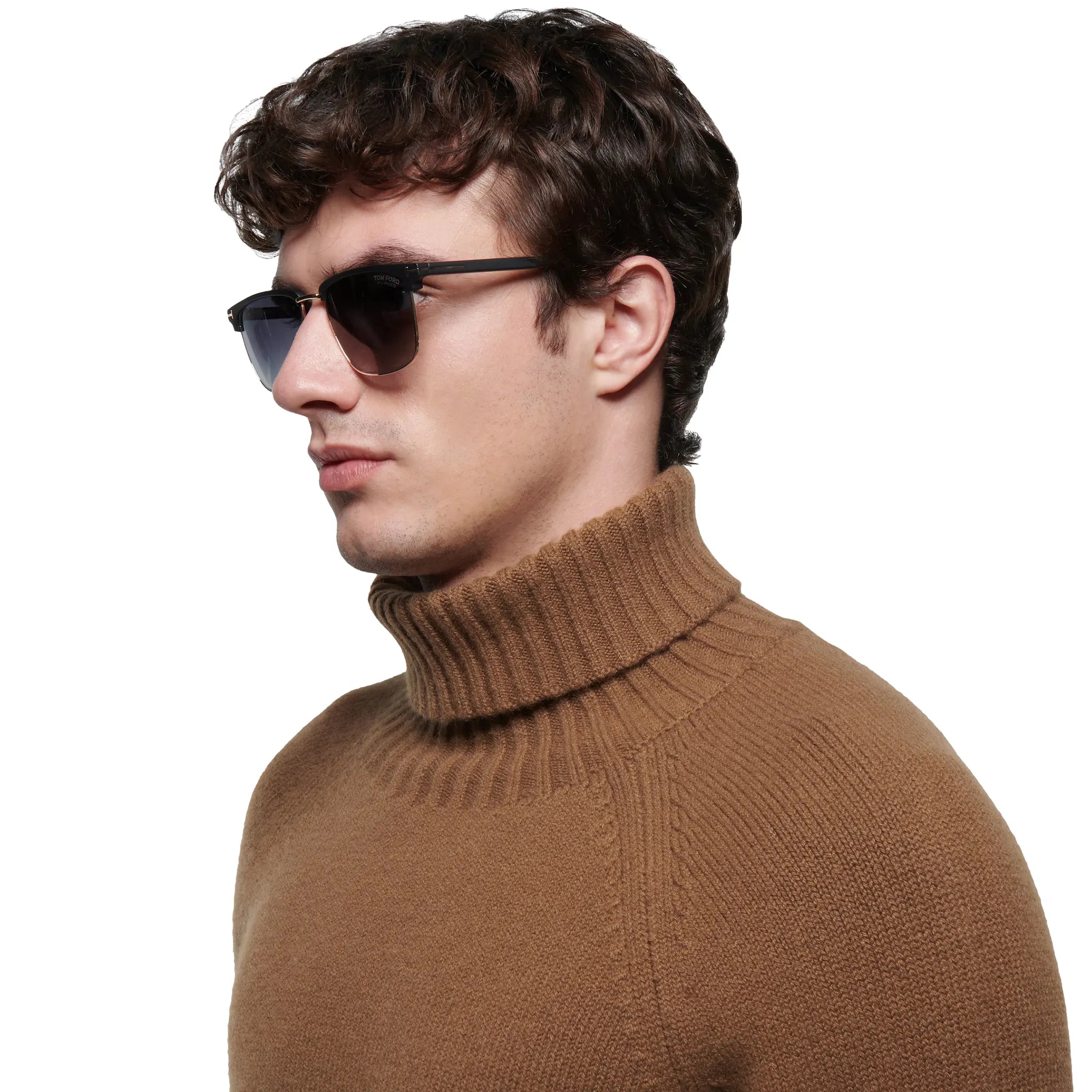 Model side view of Tom Ford Hudson-02 FT0997-H 02D 55 Black Polarised Sunglasses